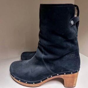 UGG Black Suede Mules with Wooden Heel